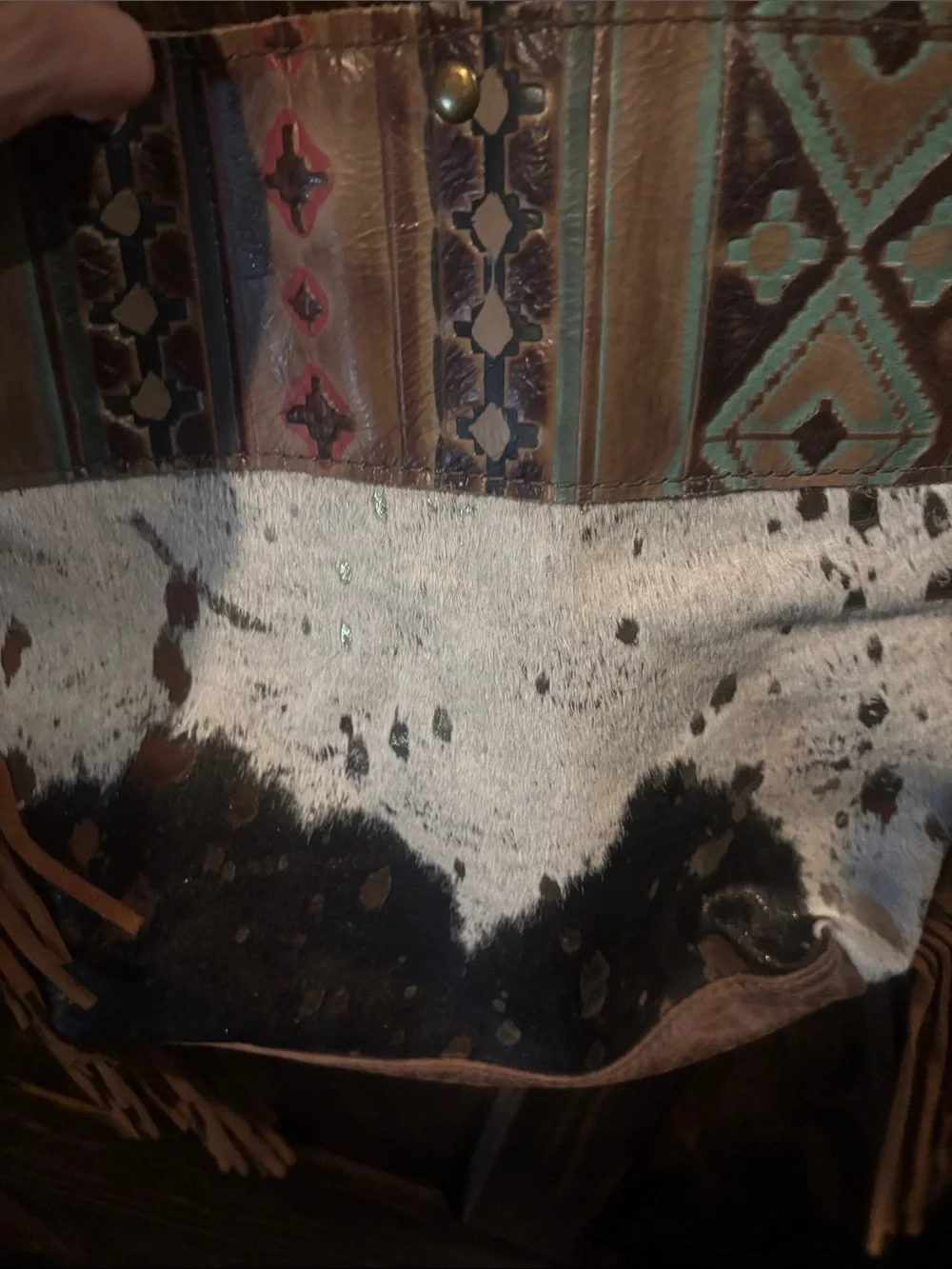 Source Unknown Brown, Cream & Turquoise Fringed Shoulder Bag
